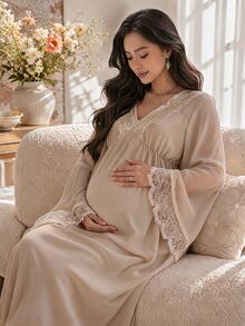 Dazy Maternity Contrast Lace Sexy Home Daily Waist-Cinching Sexy Long Sleeve Chiffon Maxi Maternity Dress - Apricot - View 3
