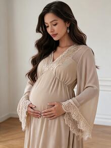 Dazy Maternity Contrast Lace Sexy Home Daily Waist-Cinching Sexy Long Sleeve Chiffon Maxi Maternity Dress - Apricot - View 9