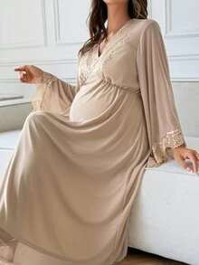 Dazy Maternity Contrast Lace Sexy Home Daily Waist-Cinching Sexy Long Sleeve Chiffon Maxi Maternity Dress - Apricot - View 7