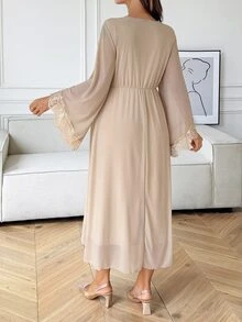 Dazy Maternity Contrast Lace Sexy Home Daily Waist-Cinching Sexy Long Sleeve Chiffon Maxi Maternity Dress - Apricot - View 2