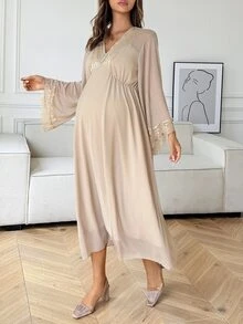 Dazy Maternity Contrast Lace Sexy Home Daily Waist-Cinching Sexy Long Sleeve Chiffon Maxi Maternity Dress - Apricot - View 4