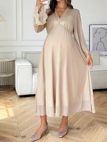 Dazy Maternity Contrast Lace Sexy Home Daily Waist-Cinching Sexy Long Sleeve Chiffon Maxi Maternity Dress - Apricot - View 5