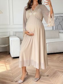 Dazy Maternity Contrast Lace Sexy Home Daily Waist-Cinching Sexy Long Sleeve Chiffon Maxi Maternity Dress - Apricot - View 6