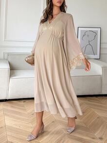 Dazy Maternity Contrast Lace Sexy Home Daily Waist-Cinching Sexy Long Sleeve Chiffon Maxi Maternity Dress - Apricot - View 10