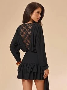 SHEIN BAE Fall Black Lace Patchwork Deep V Neck Cinched Waist Ruffle Sexy Sheer Long Sleeve Mini Dress Halloween Gothic Party Date Night Going Out - Black - View 2