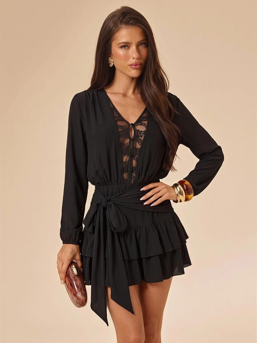 SHEIN BAE Fall Black Lace Patchwork Deep V Neck Cinched Waist Ruffle Sexy Sheer Long Sleeve Mini Dress Halloween Gothic Party Date Night Going Out - Black - View 1