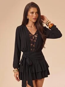 SHEIN BAE Fall Black Lace Patchwork Deep V Neck Cinched Waist Ruffle Sexy Sheer Long Sleeve Mini Dress Halloween Gothic Party Date Night Going Out - Black - View 4