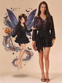 SHEIN BAE Fall Black Lace Patchwork Deep V Neck Cinched Waist Ruffle Sexy Sheer Long Sleeve Mini Dress Halloween Gothic Party Date Night Going Out - Black - View 6