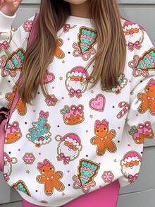 青少年女孩休閒可愛聖誕樹、聖誕老人、薑餅人圖案、波點雪花、甜奶油風圓領衛衣與鬆緊腰長褲套裝，保暖內裡，適合秋冬，秋季風格，秋季穿搭，秋季套裝，聖誕節 - 彩色 - 查看 7