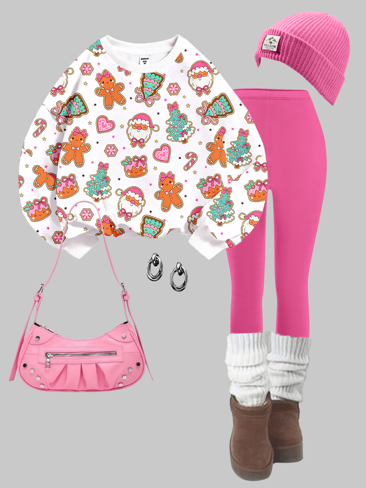 Tween Girls Casual Cute Christmas Tree, Santa Claus, Gingerbread Man Pattern, Polka Dot Snowflake, Sweet Cream Style, Round Neck Sweatshirt And Elastic Waist Long Pants Set, Thermal Lined, Suitable For Autumn/Winter, Fall Style, Fall Outfits, Fall Sets, Christmas - Multicolor - View 3