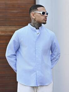 Devon Thys 男士純色單排扣休閒百搭日常穿著襯衫，正式款 - 淺藍色 - 查看 5