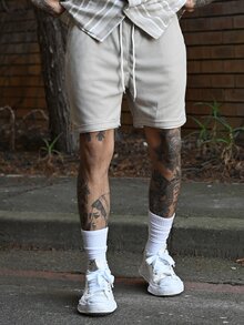 Devon Thys Manfinity Men's Waffle Texture Ventilate Contrast Color Casual Shorts, Vacation Style Matching Patchwork Beach Pants, Mesh Holiday - Apricot - View 2