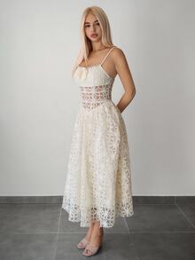 SHEIN ICON 女士优雅通勤连衣裙，3D花卉装饰，细肩带 - 黃色 - 查看 6