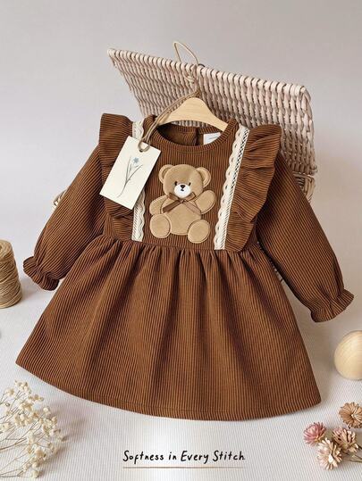 Cozy Pixies Baby Girl Decorative Lace Trim Round Neck Long Sleeve Waist-Cinching Dress, Versatile And Comfortable