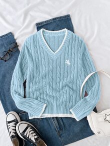 SHEIN 1件女童毛衣，時尚復古麻花編織，黑色滾邊，修身版型，百搭V領，小馬刺繡圖案，極簡休閒風，適中厚度，整齊下擺，適合日常穿著、外出、戶外聚會、派對等場合，秋冬穿搭 - 藍色 - 查看 7