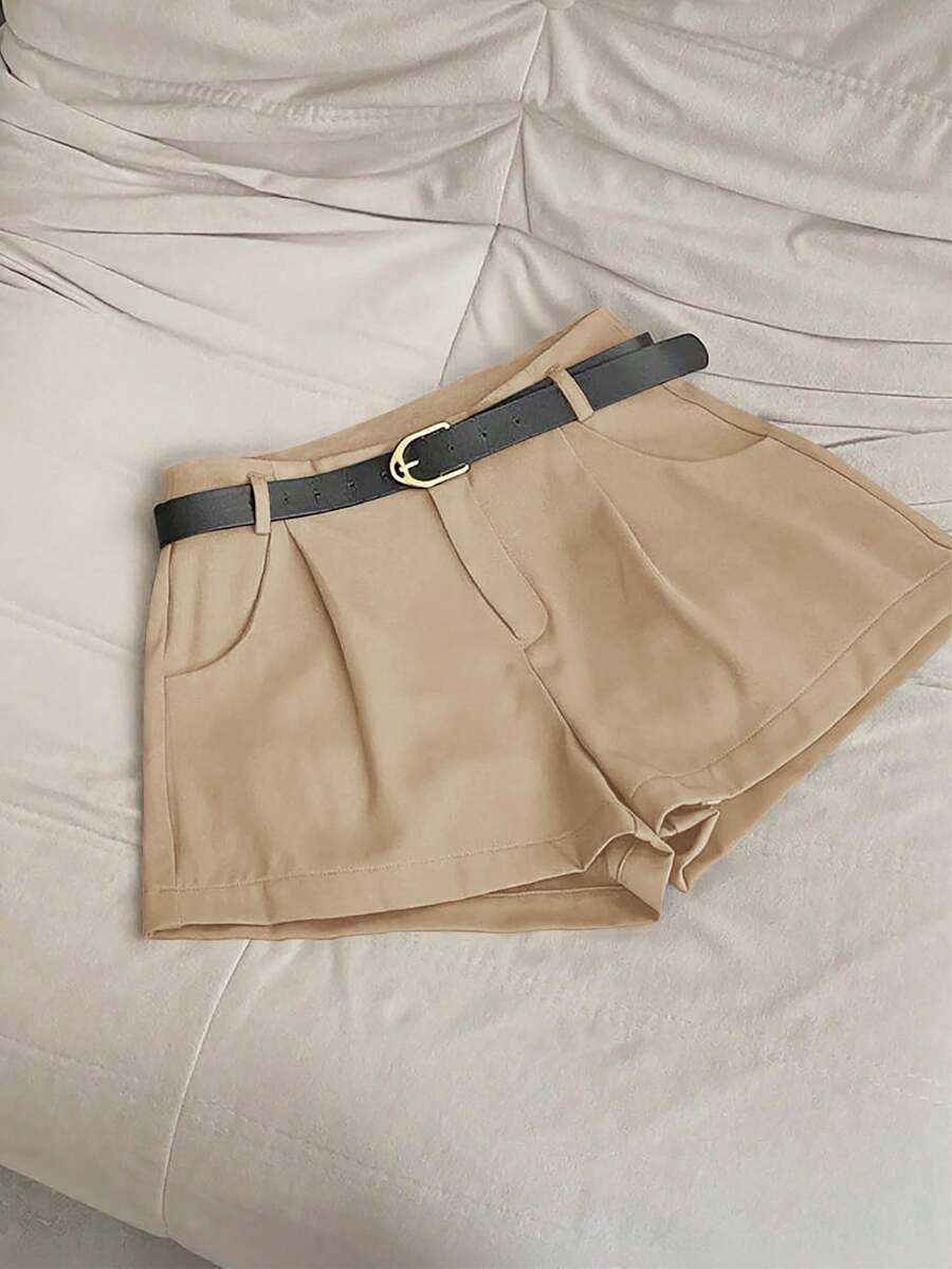INAWLY Women's Casual Solid Color Pocket Shorts - Camel - View 1