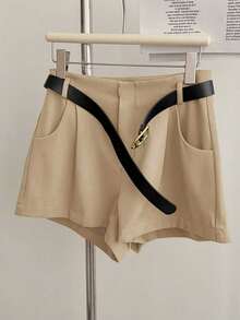 INAWLY Women's Casual Solid Color Pocket Shorts - Camel - View 5