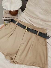 INAWLY Women's Casual Solid Color Pocket Shorts - Camel - View 3