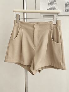 INAWLY Women's Casual Solid Color Pocket Shorts - Camel - View 4