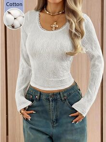 SHEIN EZwear 女款對比蕾絲圓領紋理長袖T恤 - 白色 - 查看 9