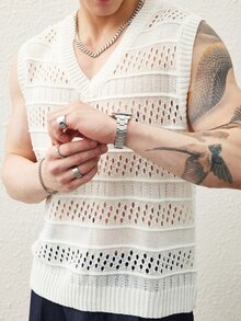 Claim Dot Men's Solid V-Neck Sleeveless Hollow Casual Knit Vest - Multicolor - View 7