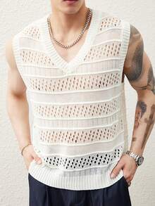 Claim Dot Men's Solid V-Neck Sleeveless Hollow Casual Knit Vest - Multicolor - View 4