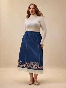 GlowEve CURVE Elegant Women's Plus Size Printed Pattern Contrast Lace Skirt Brunch Party Blue Autumn/Winter Corset Concert Blue Skirt Fall - Blue - View 4