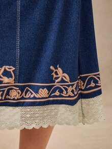 GlowEve CURVE Elegant Women's Plus Size Printed Pattern Contrast Lace Skirt Brunch Party Blue Autumn/Winter Corset Concert Blue Skirt Fall - Blue - View 5