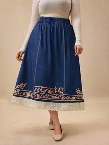 GlowEve CURVE Elegant Women's Plus Size Printed Pattern Contrast Lace Skirt Brunch Party Blue Autumn/Winter Corset Concert Blue Skirt Fall - Blue - View 1
