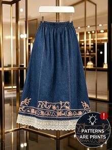GlowEve CURVE Elegant Women's Plus Size Printed Pattern Contrast Lace Skirt Brunch Party Blue Autumn/Winter Corset Concert Blue Skirt Fall - Blue - View 3