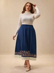 GlowEve CURVE Elegant Women's Plus Size Printed Pattern Contrast Lace Skirt Brunch Party Blue Autumn/Winter Corset Concert Blue Skirt Fall - Blue - View 7