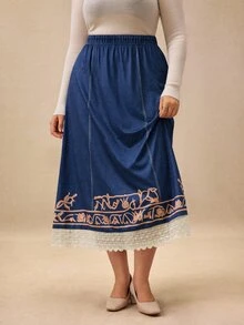 GlowEve CURVE Elegant Women's Plus Size Printed Pattern Contrast Lace Skirt Brunch Party Blue Autumn/Winter Corset Concert Blue Skirt Fall - Blue - View 6