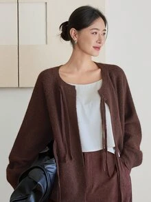 Dazy-Less Women's Autumn/Winter Coffee Brown Round Neck Button Cable Knit Long Sleeve Slim Fit Ribbed Cardigan - Coffee Brown - View 3