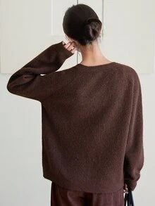 Dazy-Less Women's Autumn/Winter Coffee Brown Round Neck Button Cable Knit Long Sleeve Slim Fit Ribbed Cardigan - Coffee Brown - View 2