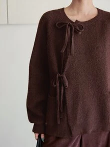 Dazy-Less Women's Autumn/Winter Coffee Brown Round Neck Button Cable Knit Long Sleeve Slim Fit Ribbed Cardigan - Coffee Brown - View 6