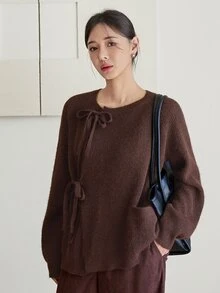 Dazy-Less Women's Autumn/Winter Coffee Brown Round Neck Button Cable Knit Long Sleeve Slim Fit Ribbed Cardigan - Coffee Brown - View 1