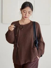 Dazy-Less Women's Autumn/Winter Coffee Brown Round Neck Button Cable Knit Long Sleeve Slim Fit Ribbed Cardigan - Coffee Brown - View 5
