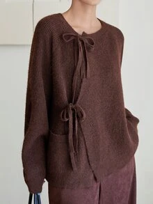 Dazy-Less Women's Autumn/Winter Coffee Brown Round Neck Button Cable Knit Long Sleeve Slim Fit Ribbed Cardigan - Coffee Brown - View 4
