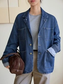 Dazy-Less Women's Autumn Blue Turn-Down Collar Button Pocket Decor Washed Loose Long Sleeve Short Denim Jacket - Blue - View 4