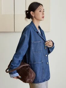 Dazy-Less Women's Autumn Blue Turn-Down Collar Button Pocket Decor Washed Loose Long Sleeve Short Denim Jacket - Blue - View 3