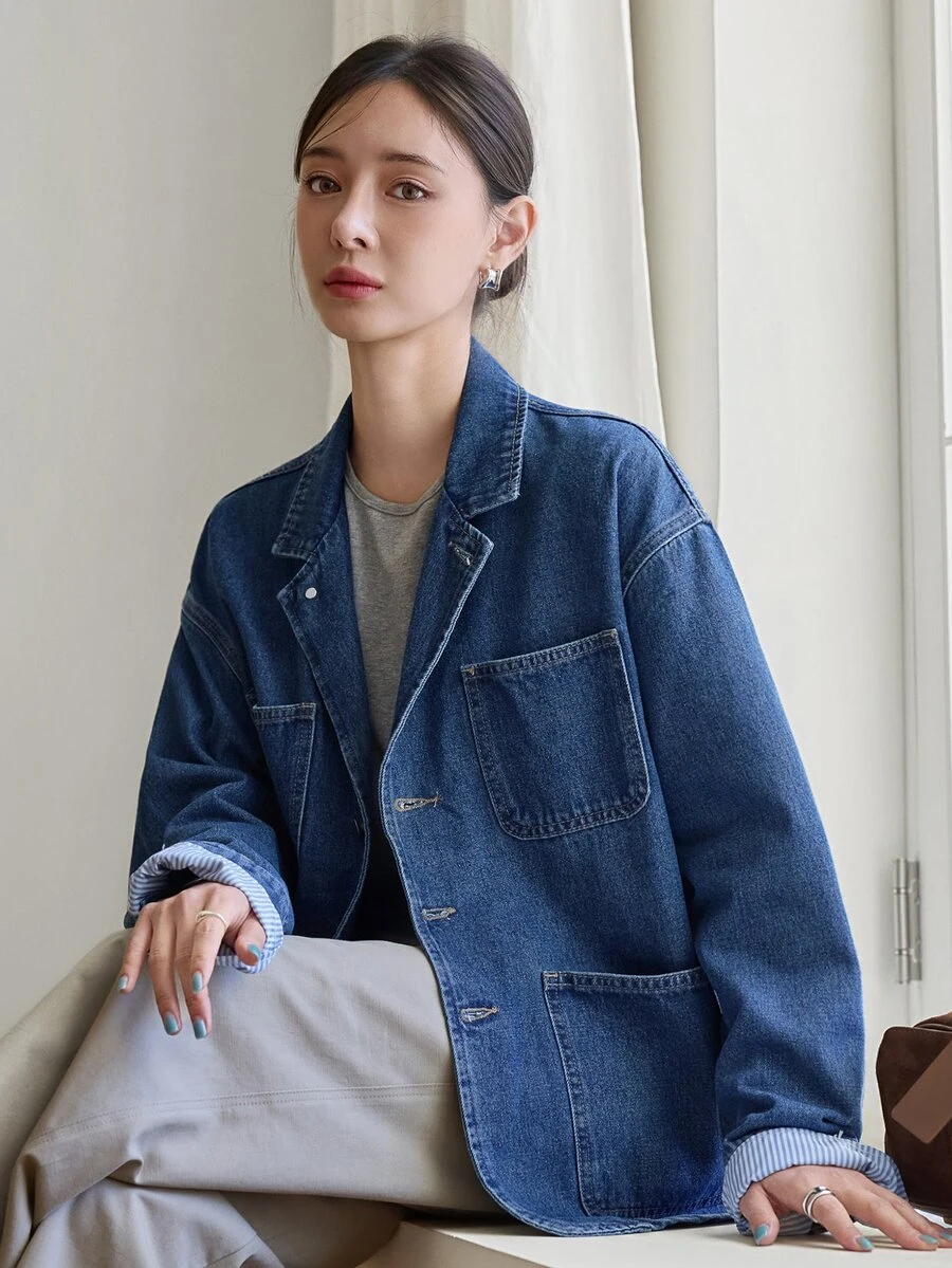 Dazy-Less Women's Autumn Blue Turn-Down Collar Button Pocket Decor Washed Loose Long Sleeve Short Denim Jacket - Blue - View 1
