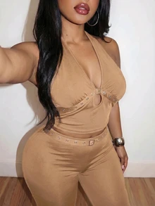 Veslaya New Spring/Summer Women's Plus Size Two Pieces Set. Sexy Halter Neck Top With Eyelet Webbing And Flared Pants. Solid Brown Color. Sexy Rave Night. - Khaki - View 5