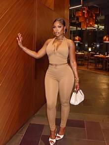 Veslaya New Spring/Summer Women's Plus Size Two Pieces Set. Sexy Halter Neck Top With Eyelet Webbing And Flared Pants. Solid Brown Color. Sexy Rave Night. - Khaki - View 1