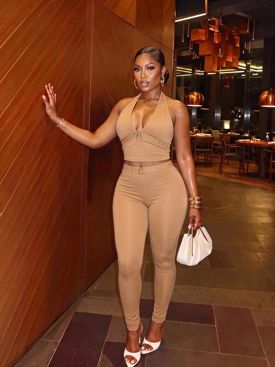 Veslaya New Spring/Summer Women's Plus Size Two Pieces Set. Sexy Halter Neck Top With Eyelet Webbing And Flared Pants. Solid Brown Color. Sexy Rave Night. - Khaki - View 1