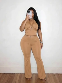 Veslaya New Spring/Summer Women's Plus Size Two Pieces Set. Sexy Halter Neck Top With Eyelet Webbing And Flared Pants. Solid Brown Color. Sexy Rave Night. - Khaki - View 7