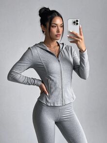 Dewbera Dewbera Women's Solid Color Hooded Sports Jacket, Casual Fashion Creative Personalized - Grey - View 6