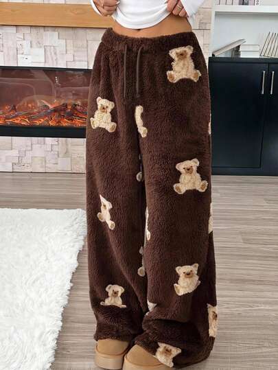 SHEIN Teen Girl Teen Girls Autumn/Winter Casual Cartoon Bear Pattern Drawstring Waist Teddy Fleece Long Pants