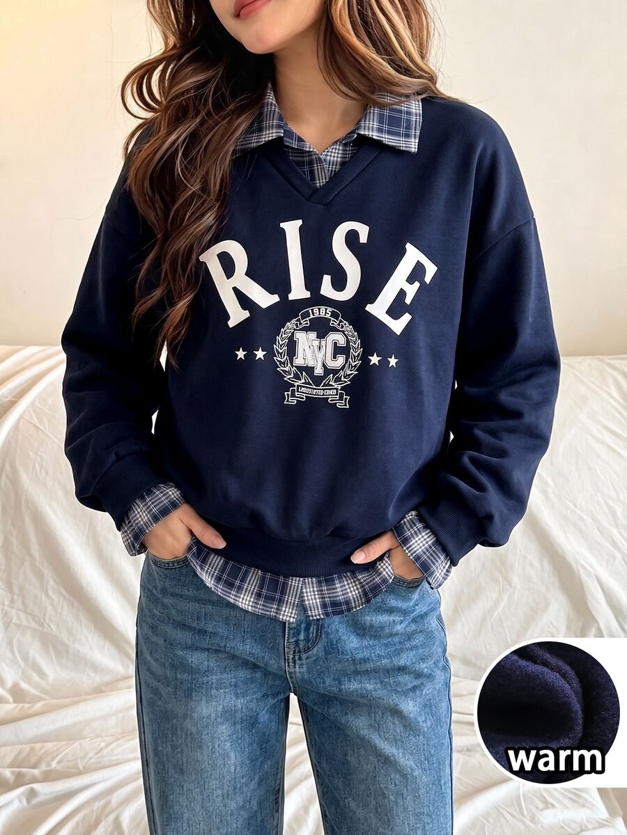 SHEIN Sparklyn 青少年女孩休閒極簡時尚度假戶外通勤校園英倫風舒適柔軟針織聚酯纖維梭織格紋拼接羅紋藍色翻領長袖橡膠印花英文字母圖案上衣運動衫秋冬返校季 - 藍色 - 查看 1