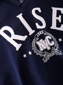 SHEIN Sparklyn 青少年女孩休閒極簡時尚度假戶外通勤校園英倫風舒適柔軟針織聚酯纖維梭織格紋拼接羅紋藍色翻領長袖橡膠印花英文字母圖案上衣運動衫秋冬返校季 - 藍色 - 查看 4