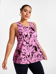 Easithlete Plus Size Summer Casual Curved Hem Allover Print Sports Tank Top - Baby Pink - View 2